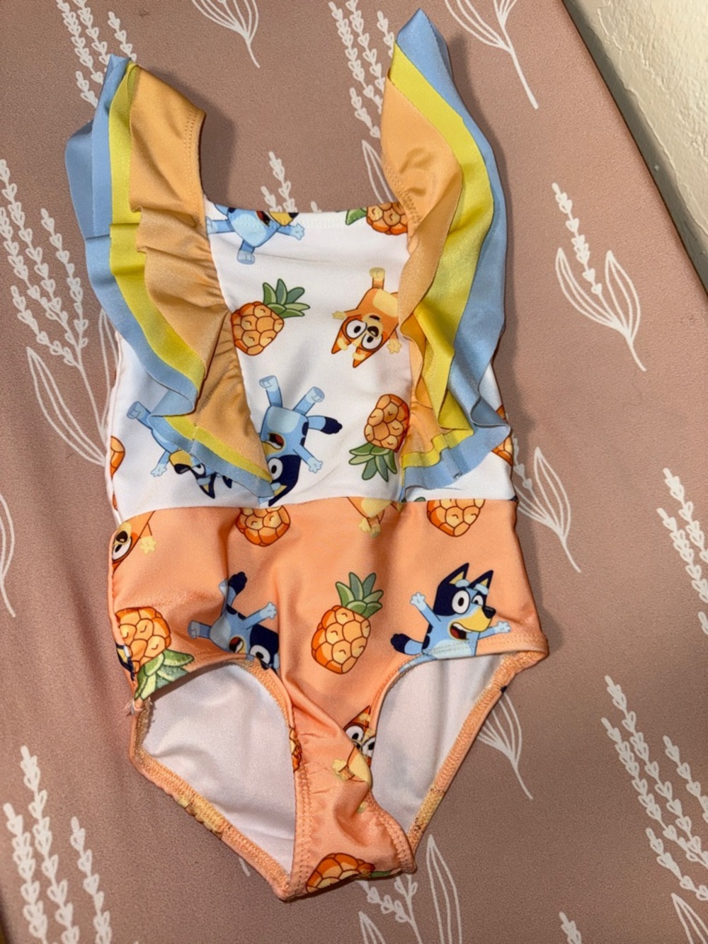 Bluey Girls' Peach & White Pineapple One-Piece Swimsuit with Ruffle Straps